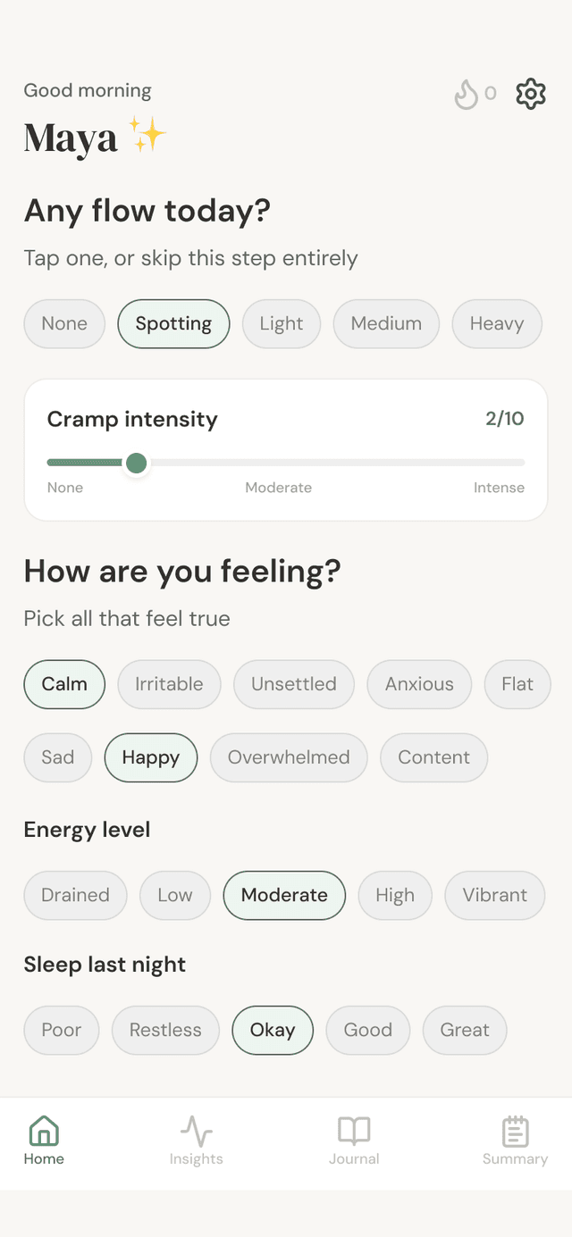 Ritu daily log for flow, cramps, mood, energy, and sleep